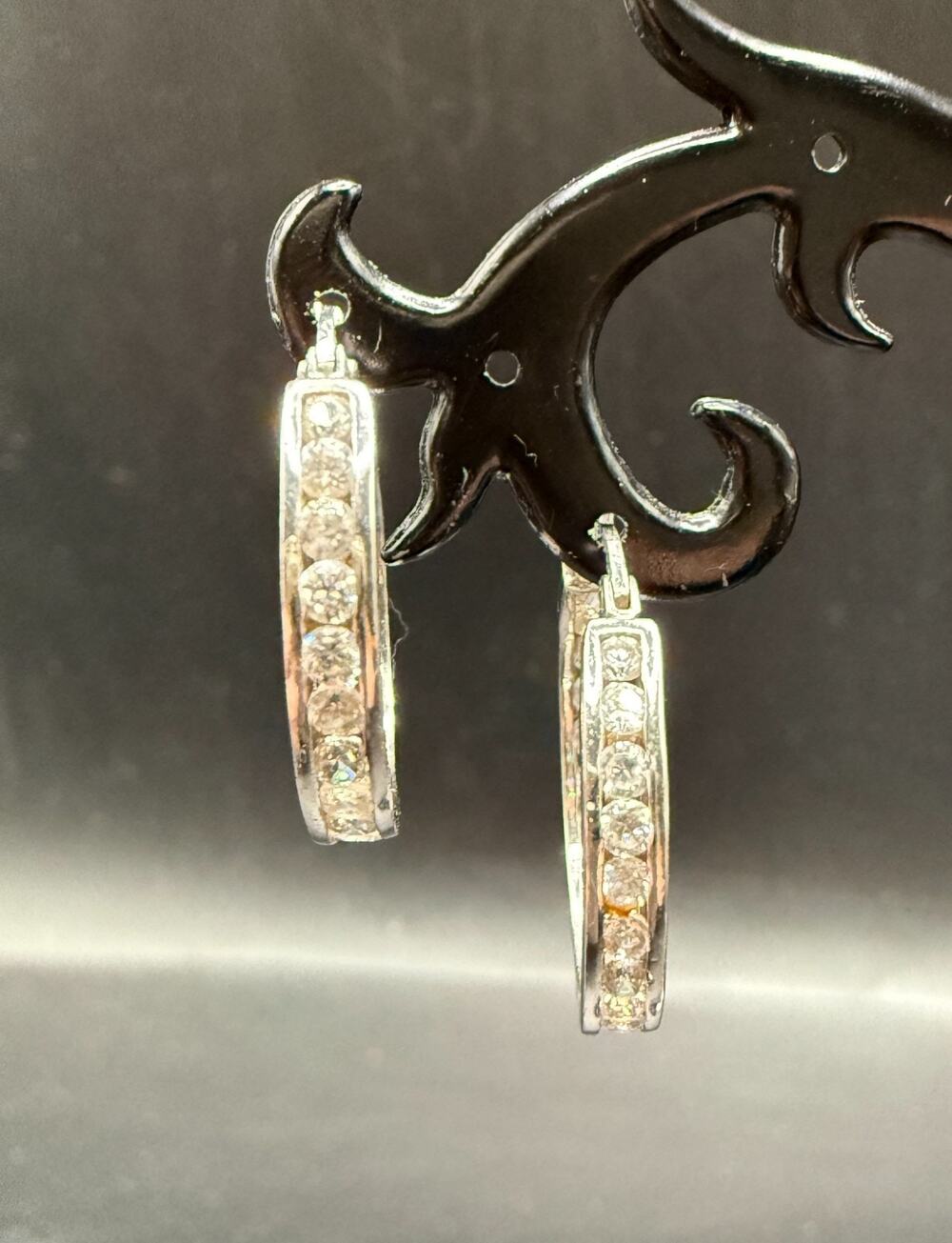 925 FAS Thai Sterling Silver Hoop Earrings Channel Set Clear CZ 21mm/ .83" Diam